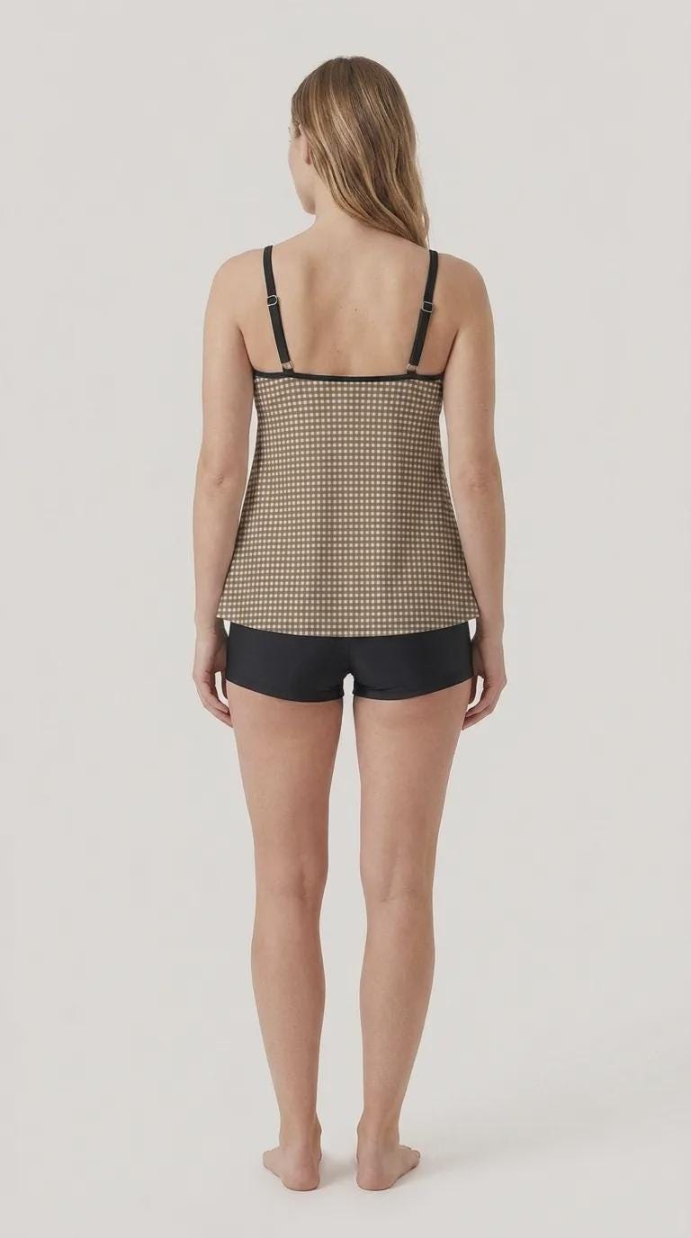 Flowy Halter Tankini Set – Sleek Two-Piece Swimsuit with Boyshorts - Brown Gingham