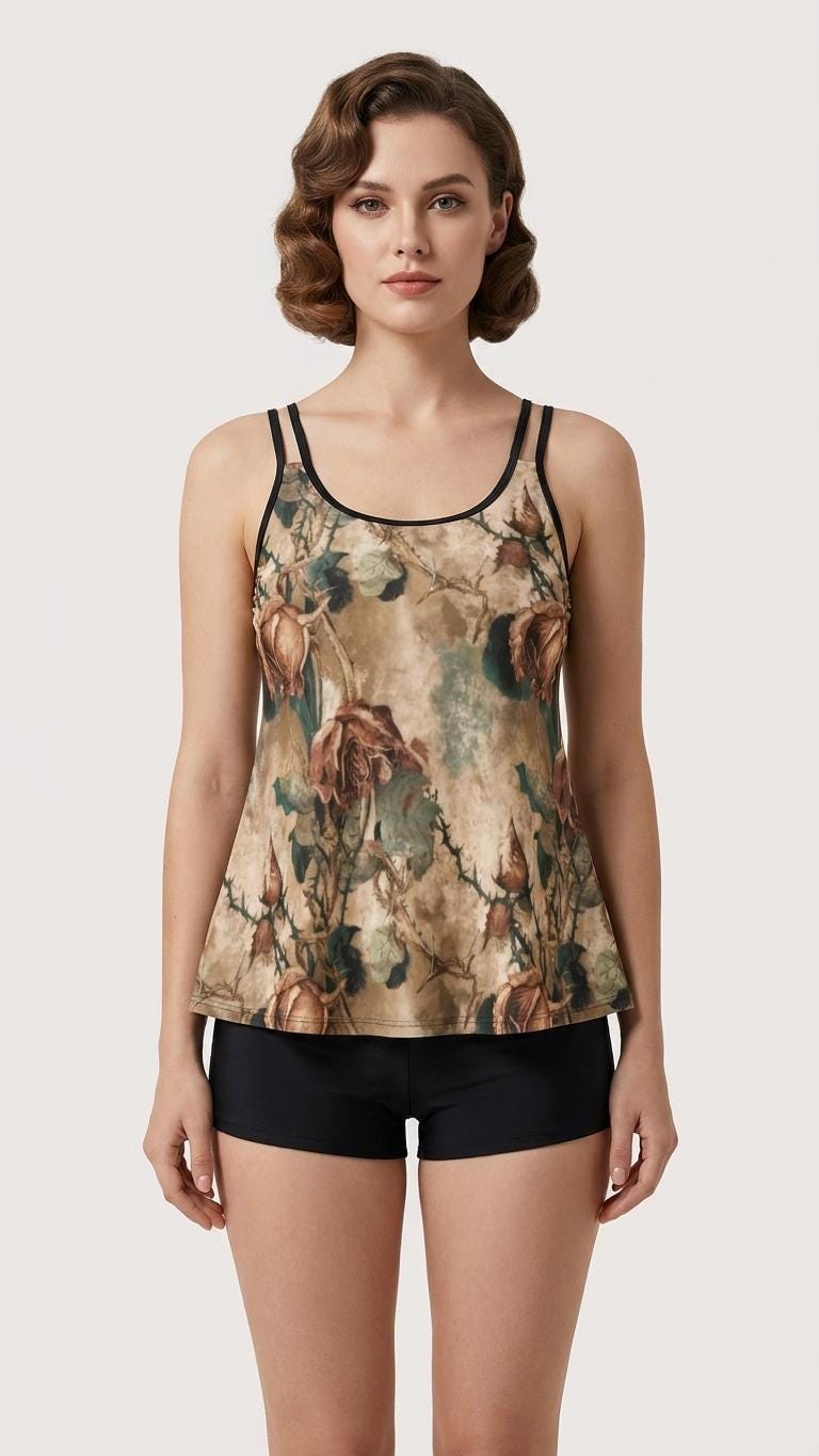 Grunge Faded Roses Print Tankini – Active Swimsuit with Boyshorts