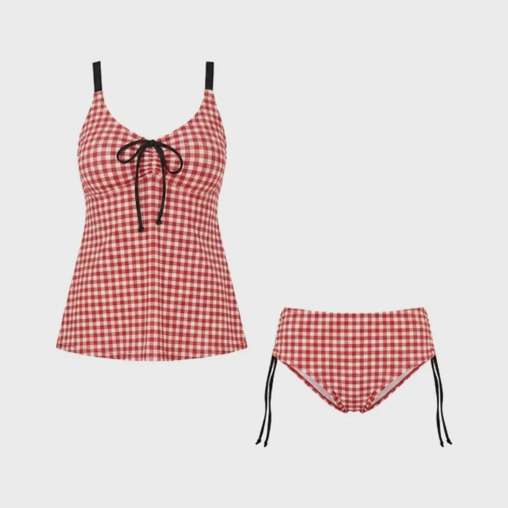 Gingham Adjustable Drawstring Tankini Swim Dress | Split Two-Piece Retro Swimsuit | Checkered