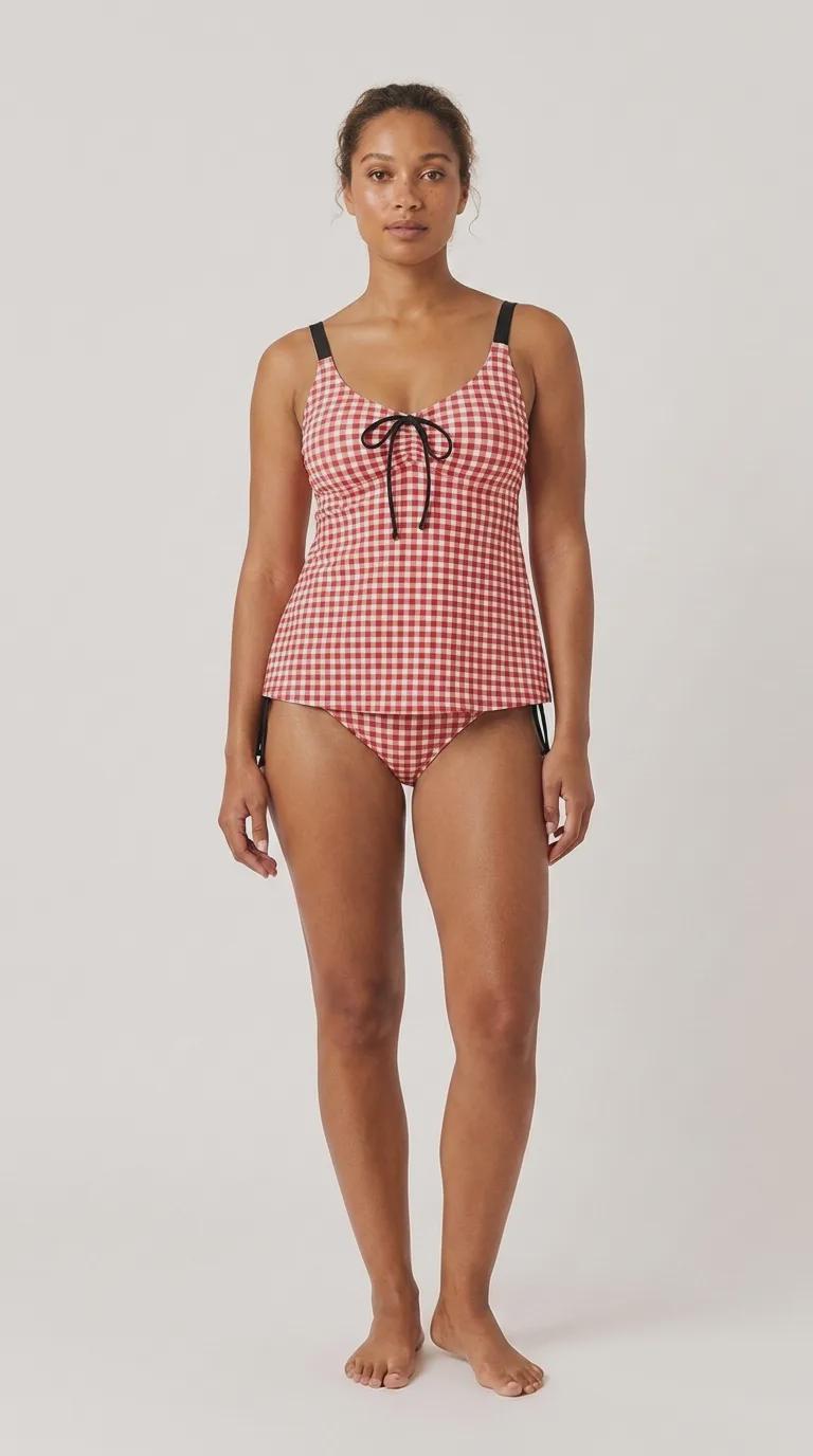 Gingham Adjustable Drawstring Tankini Swim Dress | Split Two-Piece Retro Swimsuit | Checkered