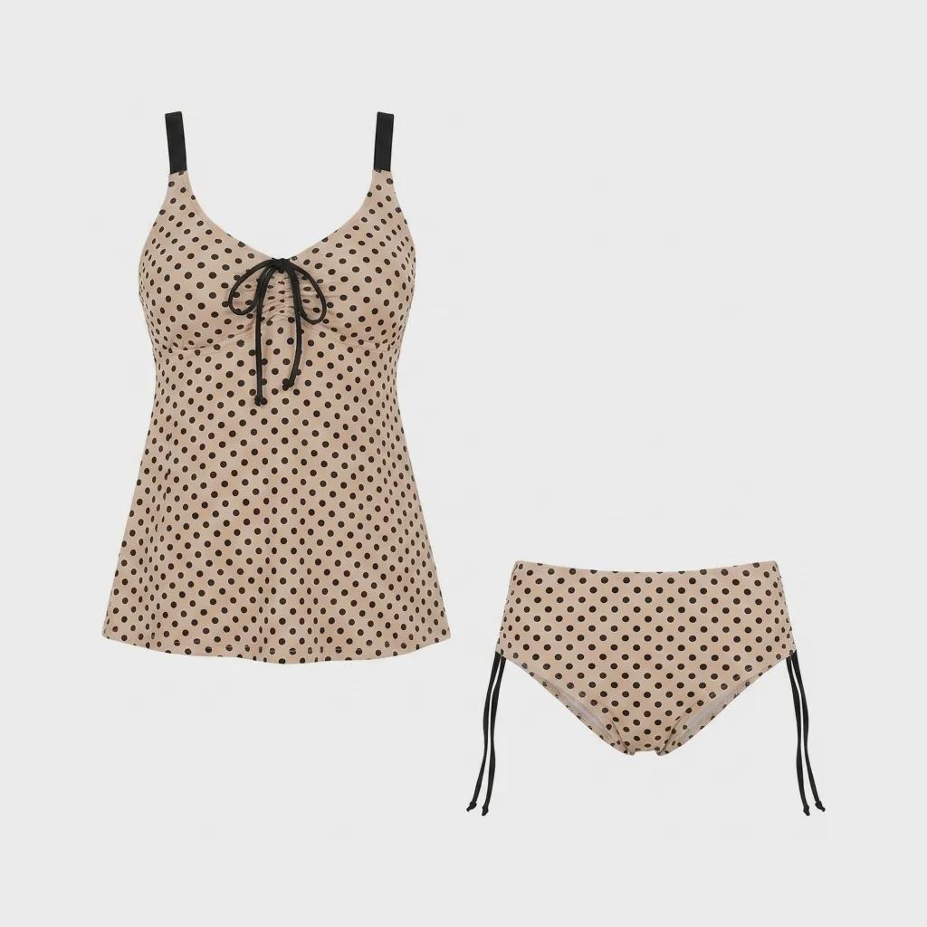 Beige Polka Dot Adjustable Drawstring Tankini Swim Dress | Split Two-Piece Retro Swimsuit