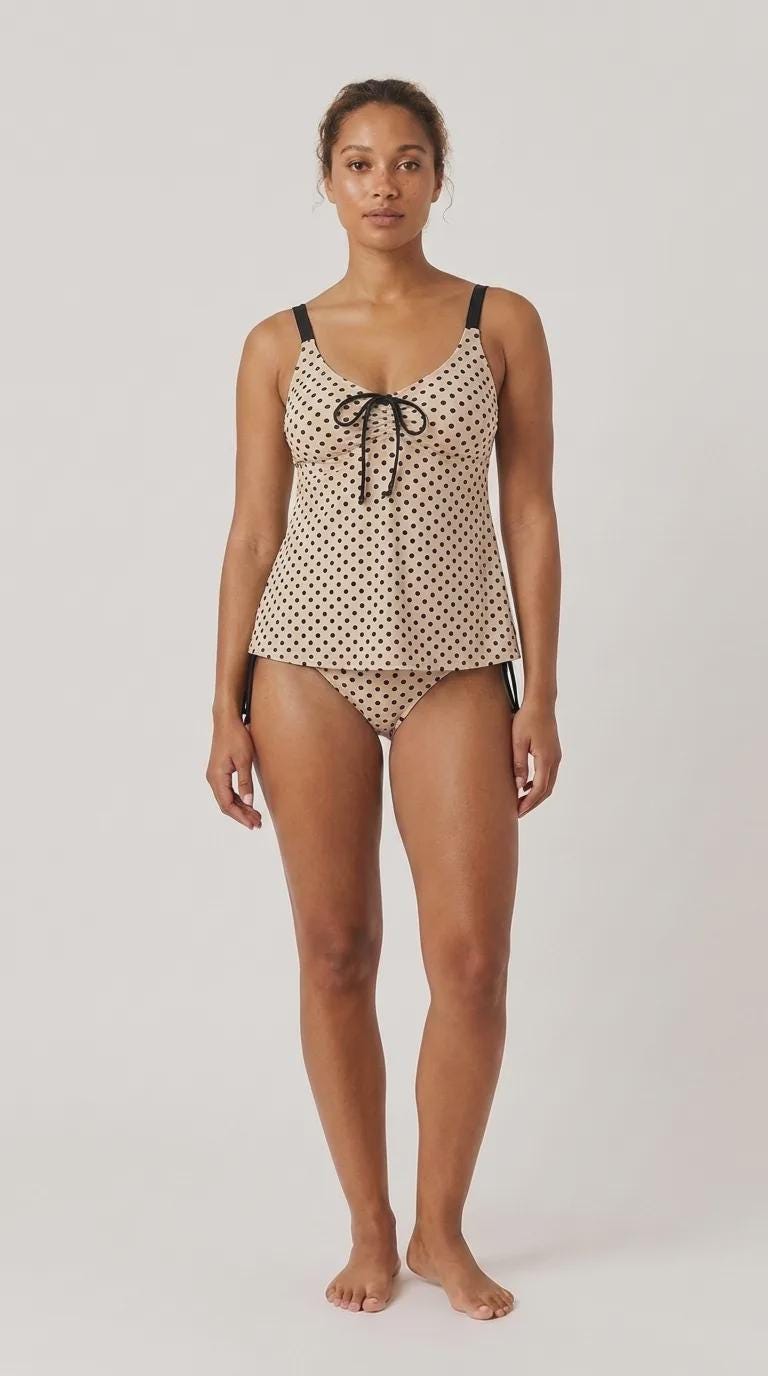 Beige Polka Dot Adjustable Drawstring Tankini Swim Dress | Split Two-Piece Retro Swimsuit