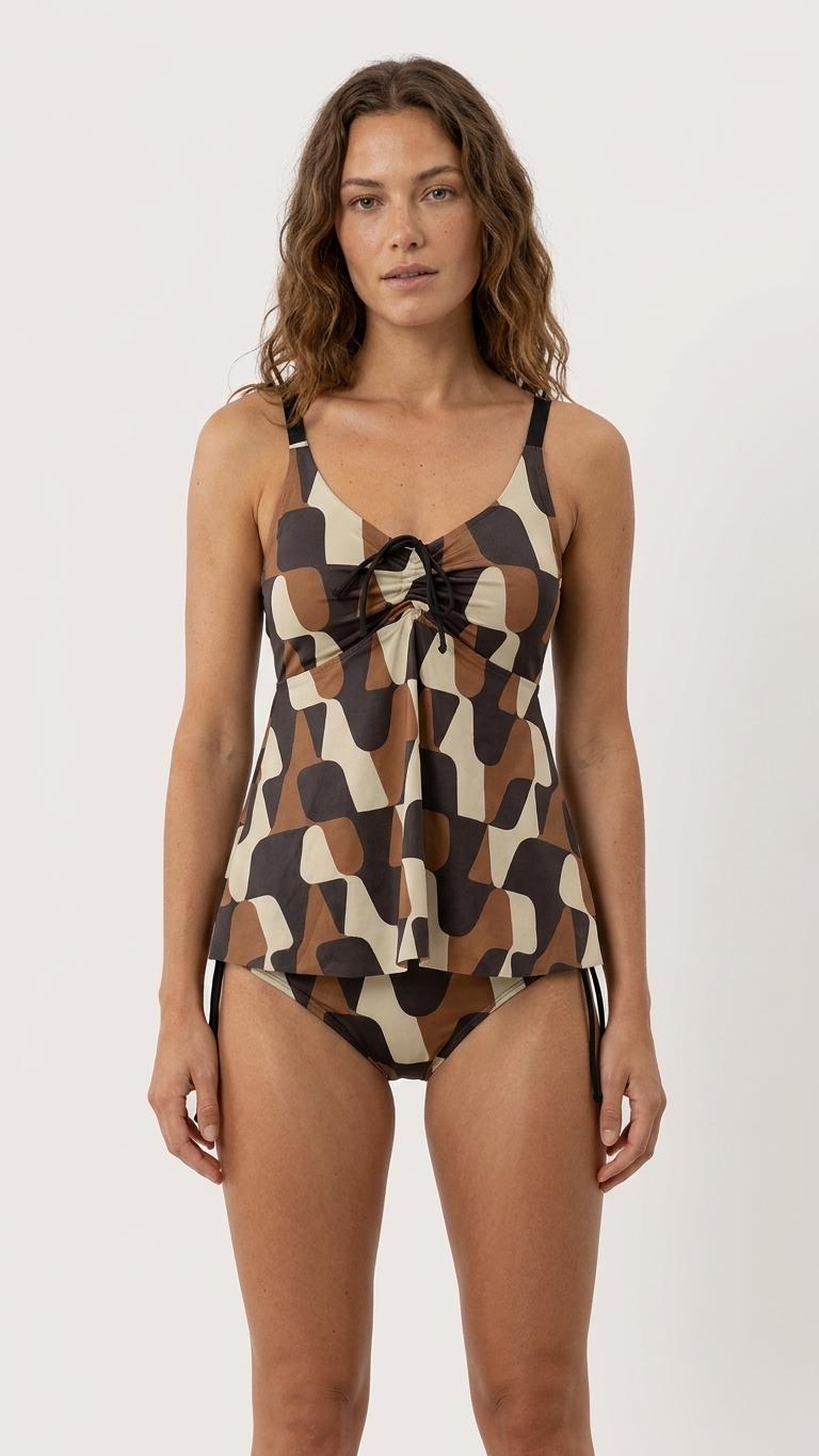 1960s-Brown Adjustable Drawstring Tankini Swim Dress | Split Two-Piece Retro Swimsuit