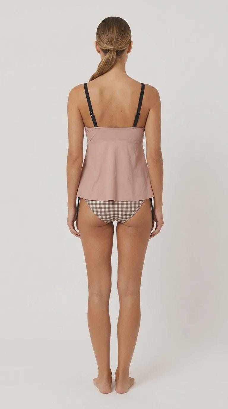 Rose and Brown Gingham Adjustable Drawstring Tankini Swim Dress | Split Two-Piece Retro Swimsuit