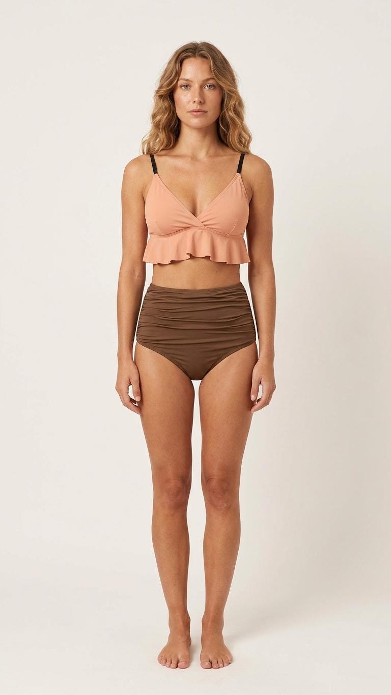 Rose and Tobacco Brown Ruffle Hem Bikini Swimsuit | High Waisted Ruched Two-Piece Retro Swimwear
