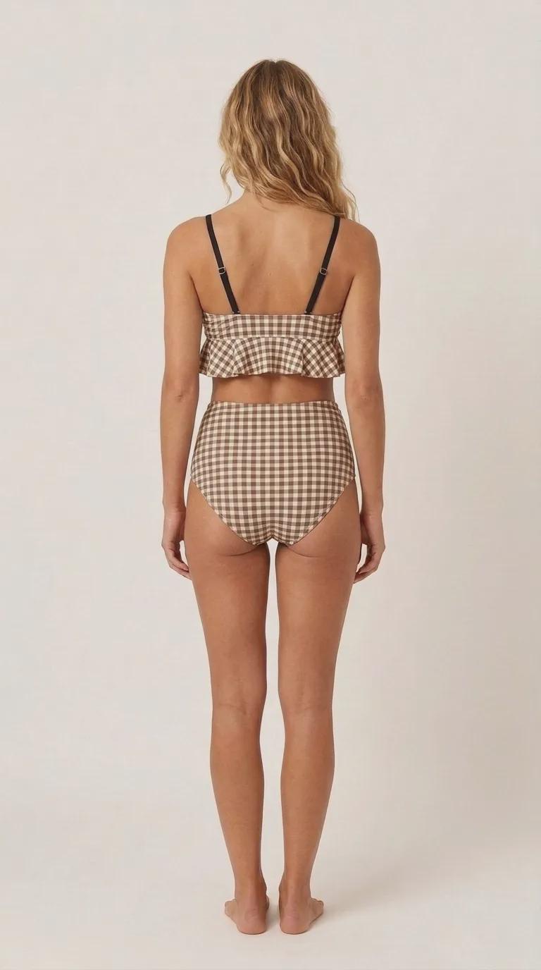 Brown Gingham Ruffle Hem Bikini Swimsuit | High Waisted Ruched Two-Piece Retro Swimwear