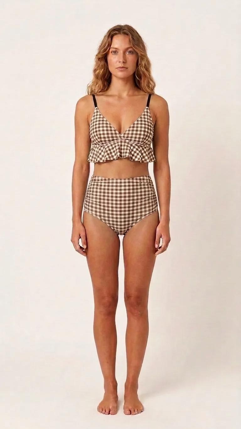 Brown Gingham Ruffle Hem Bikini Swimsuit | High Waisted Ruched Two-Piece Retro Swimwear