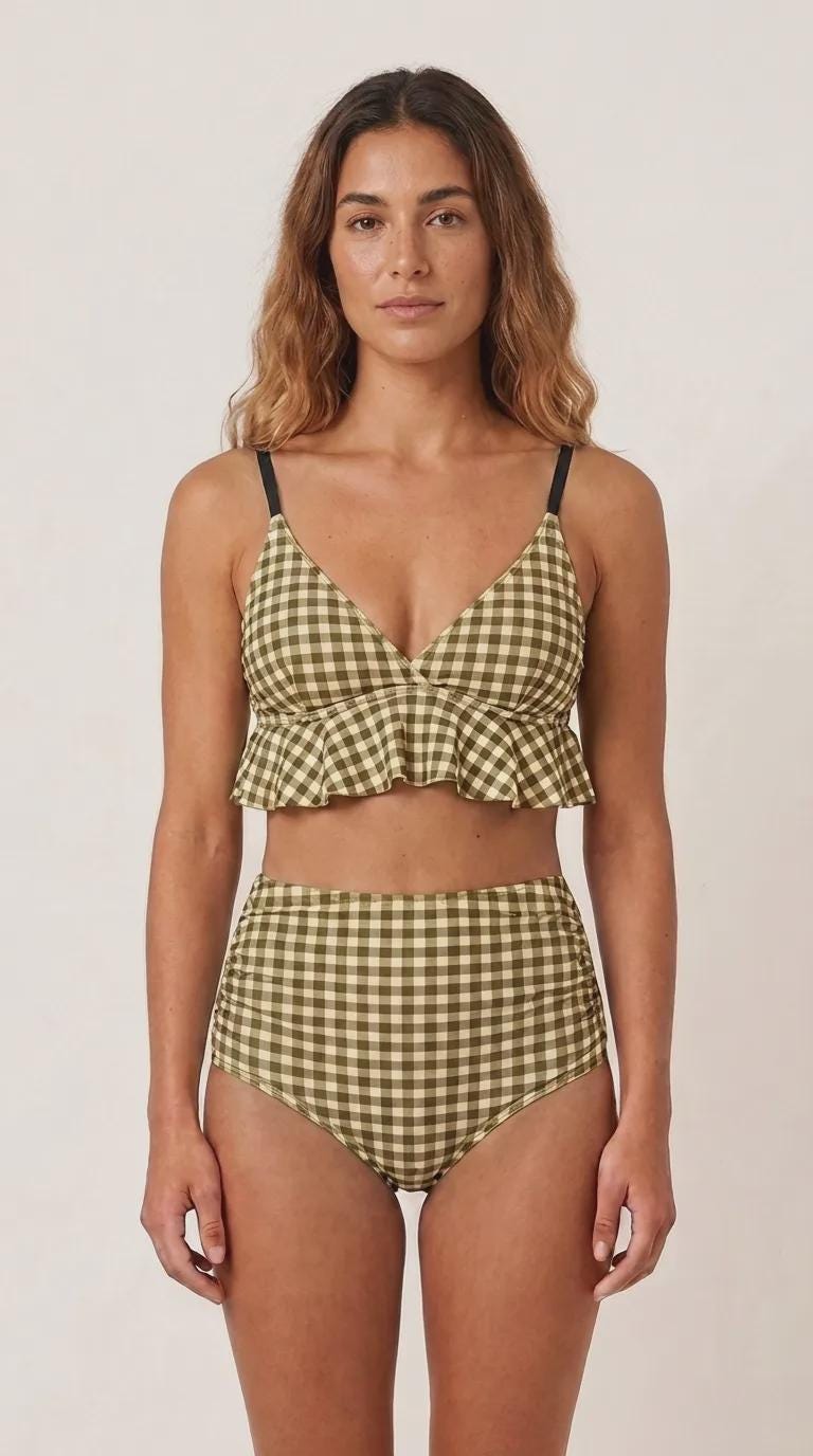 Olive Green Gingham Ruffle Hem Bikini Swimsuit | High-Waist Ruched Two-Piece Retro Swimwear