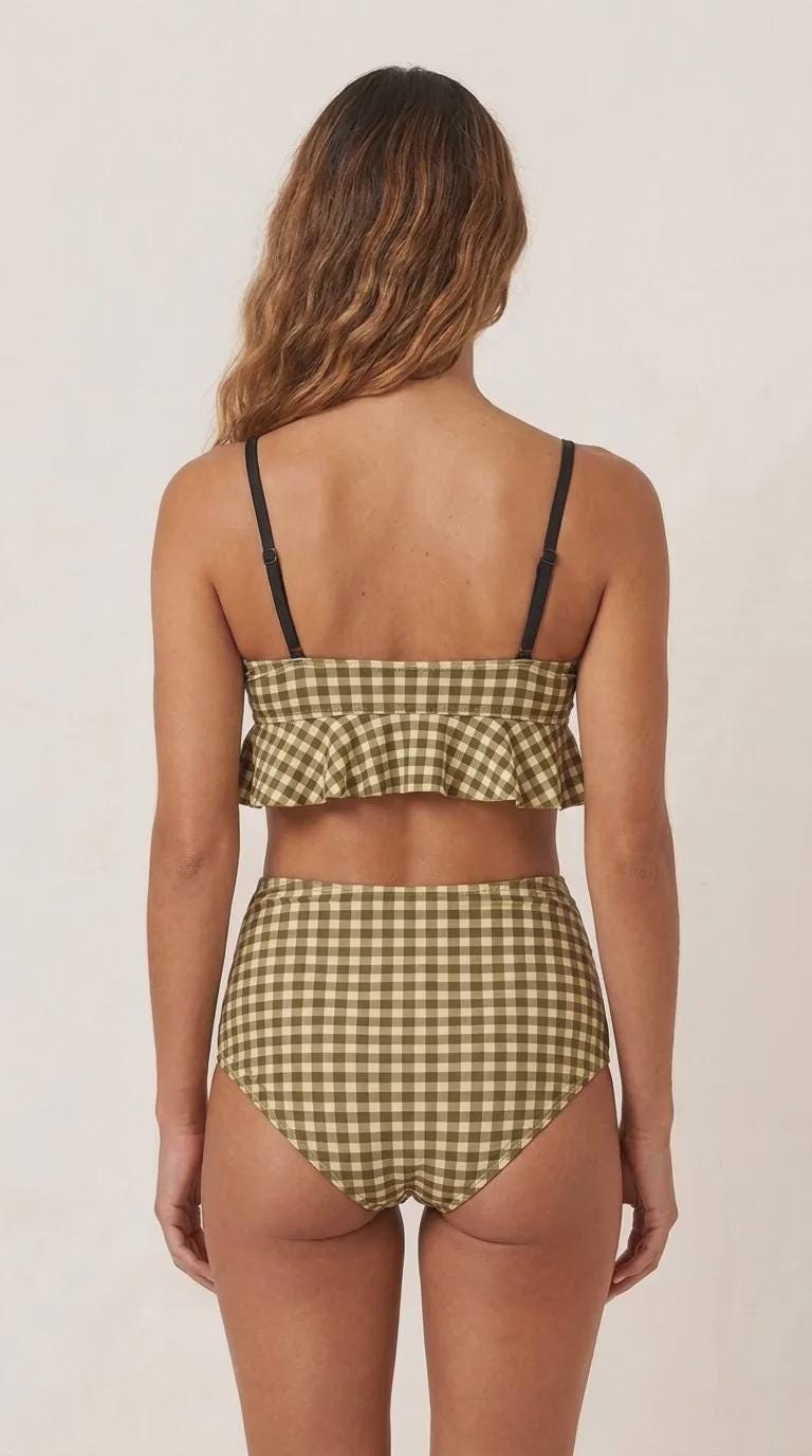 Olive Green Gingham Ruffle Hem Bikini Swimsuit | High-Waist Ruched Two-Piece Retro Swimwear