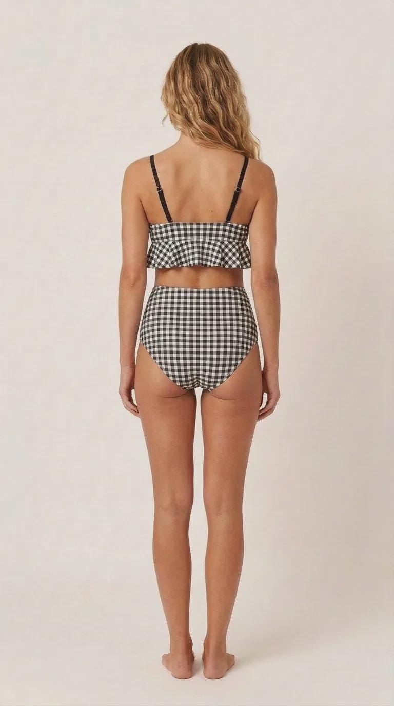 Black and White Gingham Ruffle Hem Bikini Swimsuit | High-Waist Ruched Two-Piece Retro Swimwear