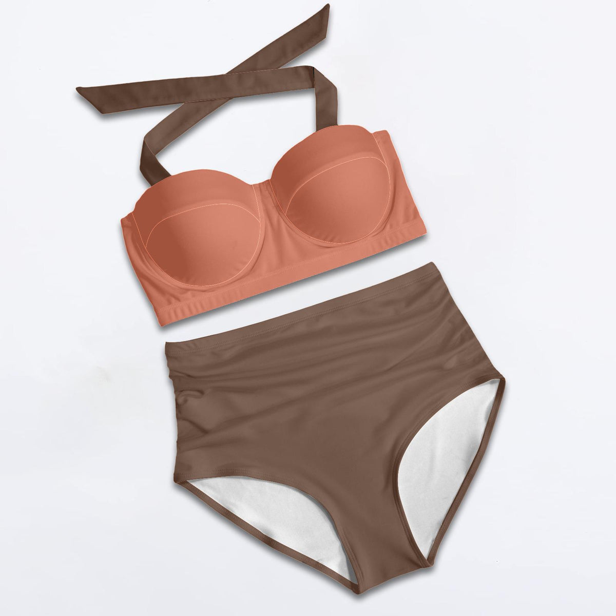 Retro Sweetheart High-Waist Bikini, 1960s-Inspired Pin Up Halter Swimsuit, Brown & Terracotta