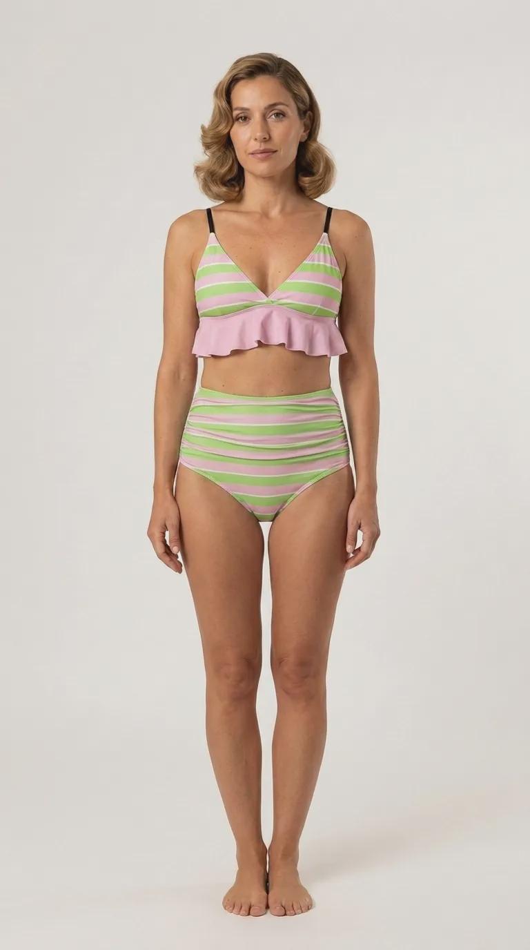 Pink and Green Brown Ruffle Hem Bikini Swimsuit | High Waisted Ruched Two-Piece Retro Swimwear