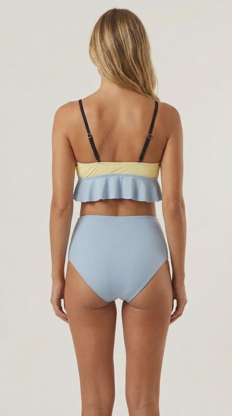 Buttermilk Vanilla and Blue Ruffle Hem Bikini Swimsuit | High-Waisted Ruched Two-Piece Retro Swimwear