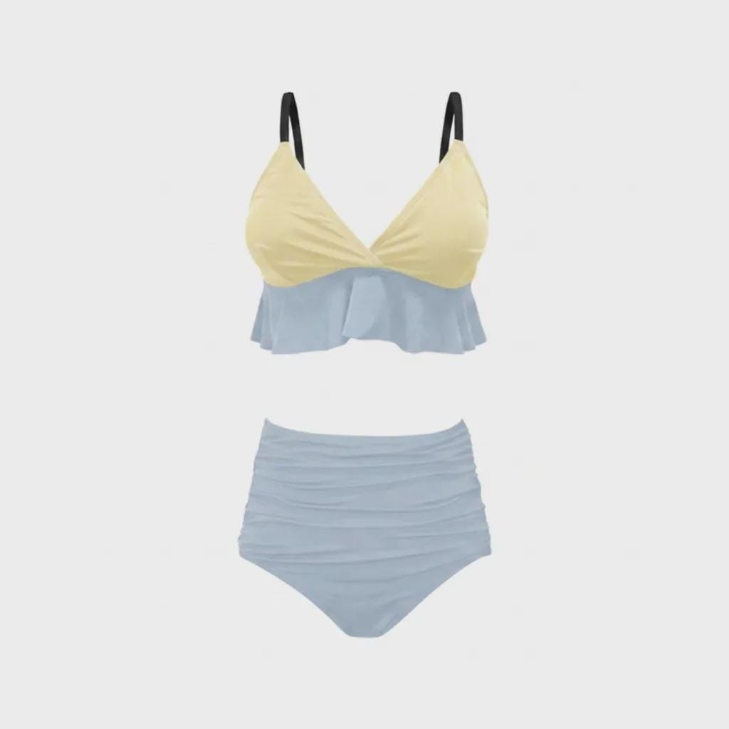 Buttermilk Vanilla and Blue Ruffle Hem Bikini Swimsuit | High-Waisted Ruched Two-Piece Retro Swimwear