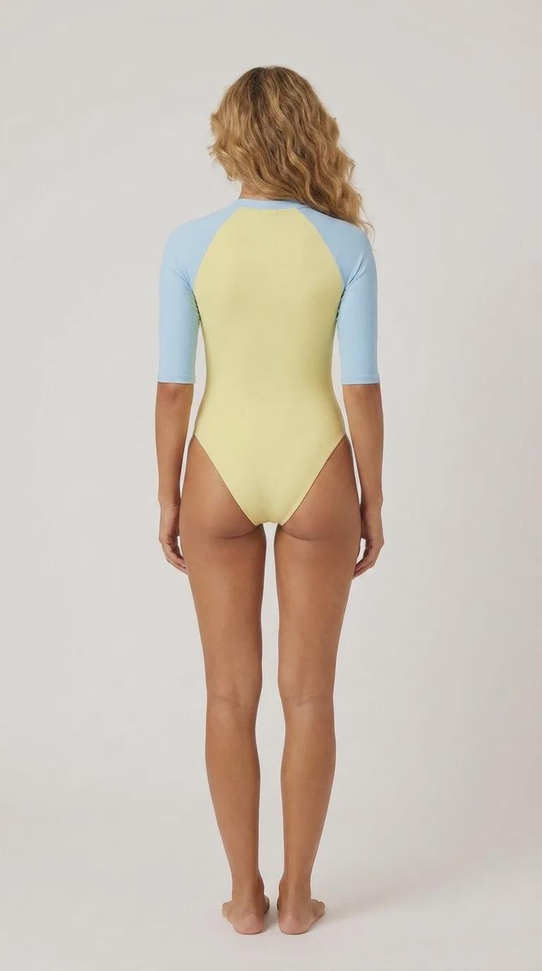 Buttermilk and Powder Blue Lightweight One-Piece Swimsuit, Zip Front, High Leg, Rash Guard - Unlined