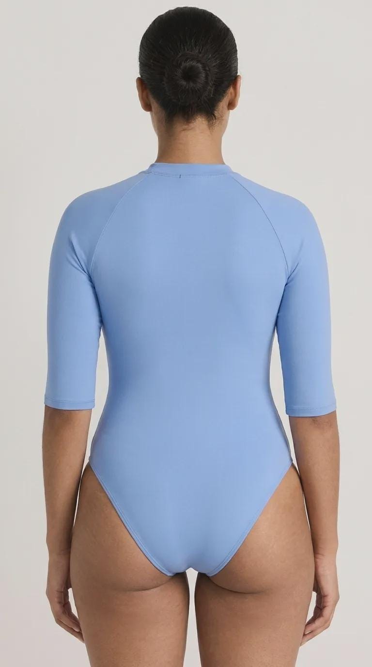 Lightweight Powder Blue Swimsuit, Zip Front, High Leg, Rash Guard- Unlined