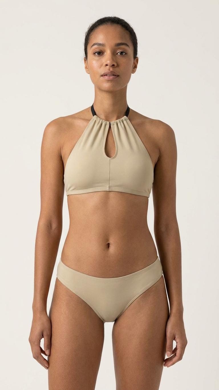 Halter Adjustable Keyhole Cut-Out Bikini Set with Lace-Up Back | Vanilla Beige