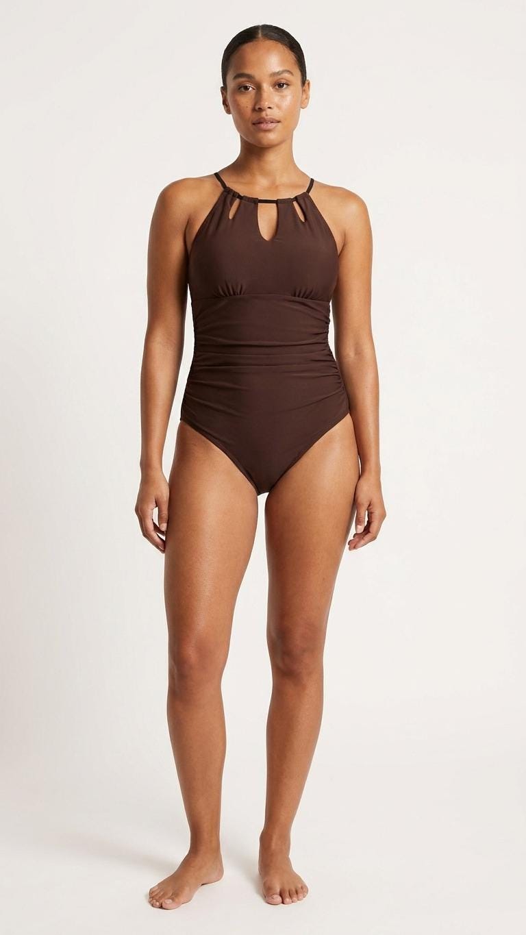 Halter Keyhole Cut-Out One-Piece Swimsuit, Lace-Up Back & Tummy Control, Espresso Brown