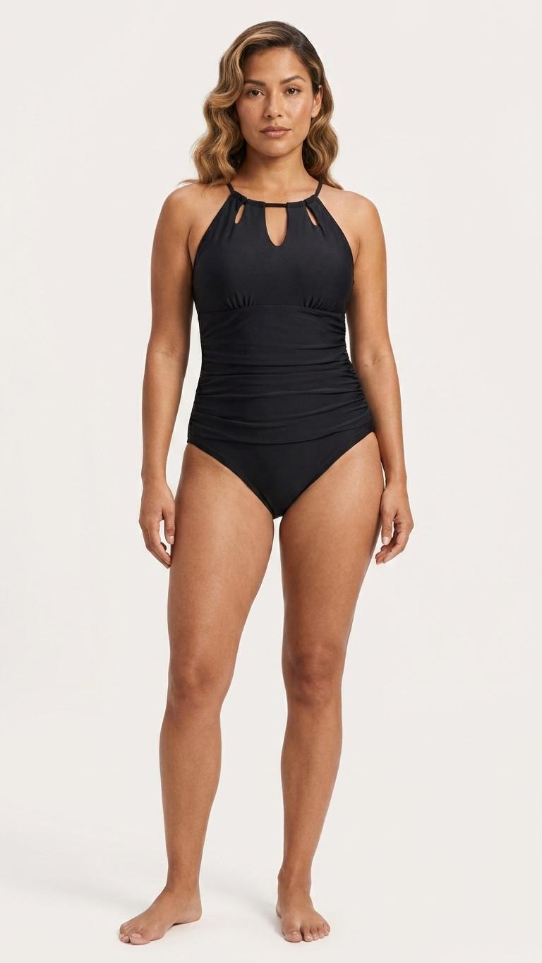Halter Keyhole Cut-Out One-Piece Swimsuit, Lace-Up Back & Tummy Control, Black