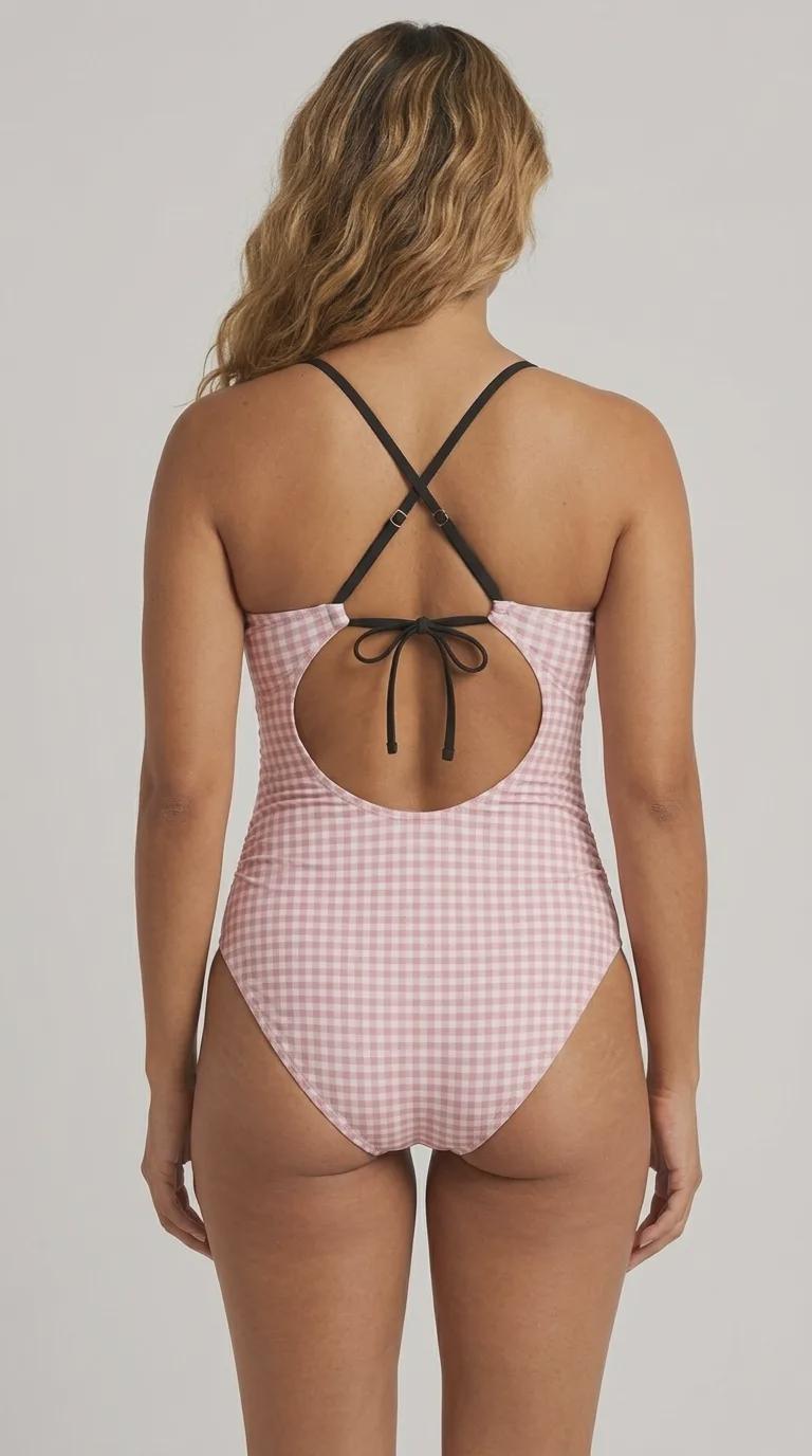Halter Keyhole Cut-Out One-Piece Swimsuit, Lace-Up Back & Tummy Control, Retro Pink Gingham