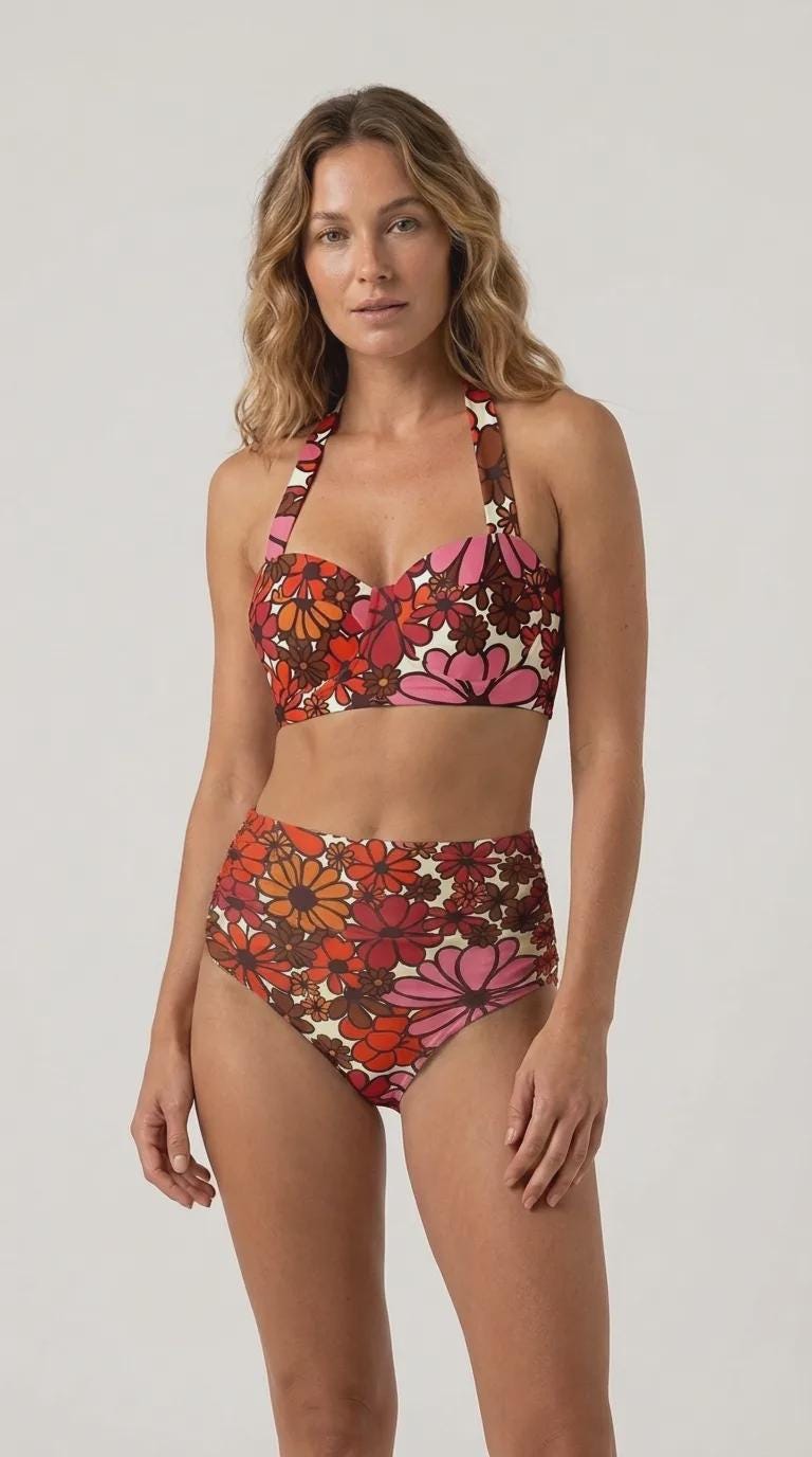 Retro Sweetheart High-Waist Bikini, 1960s-Inspired Pin Up Halter Swimsuit, Retro Red Florals