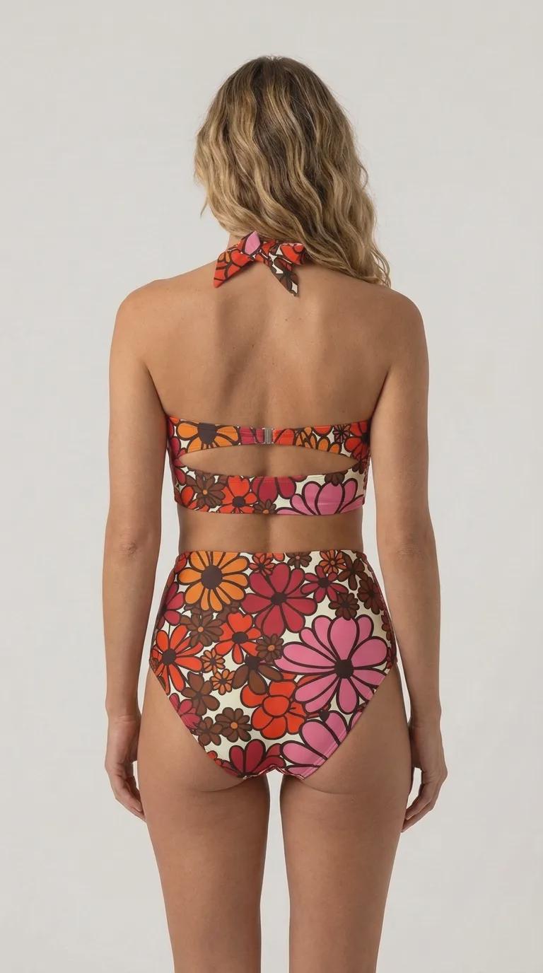 Retro Sweetheart High-Waist Bikini, 1960s-Inspired Pin Up Halter Swimsuit, Retro Red Florals