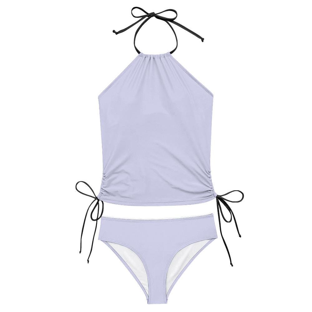 Retro Soft Blue or Pink Tankini – Surfer Two-Piece Swimsuit, Halterneck Drawstring, Flattering Fit