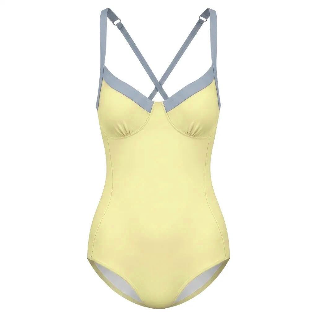 Retro Romantic Push-Up One-Piece Swimsuit with Lace-Up Back, Buttermilk & Dusty Blue