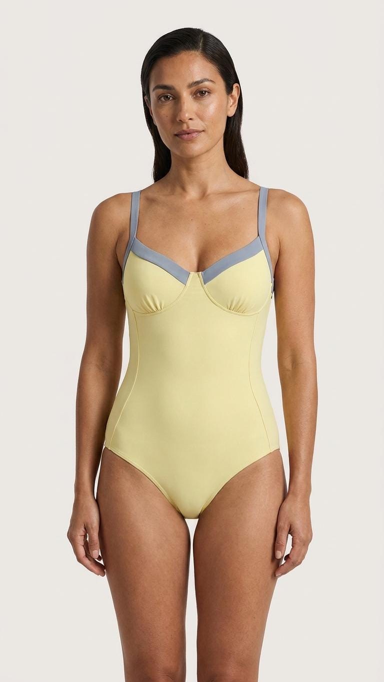 Retro Romantic Push-Up One-Piece Swimsuit with Lace-Up Back, Buttermilk & Dusty Blue
