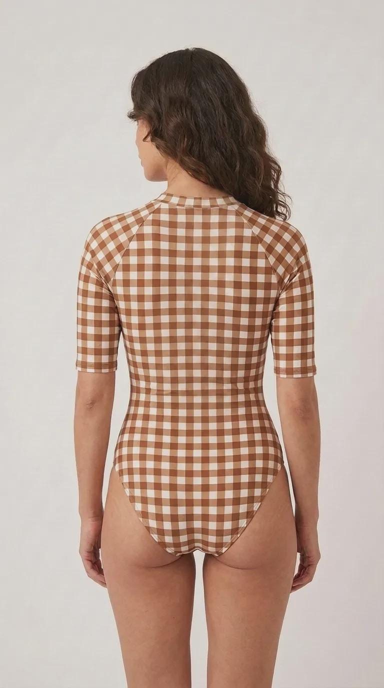 Lightweight Brown Gingham Swimsuit, Zip Front, High Leg, Rash Guard - Unlined