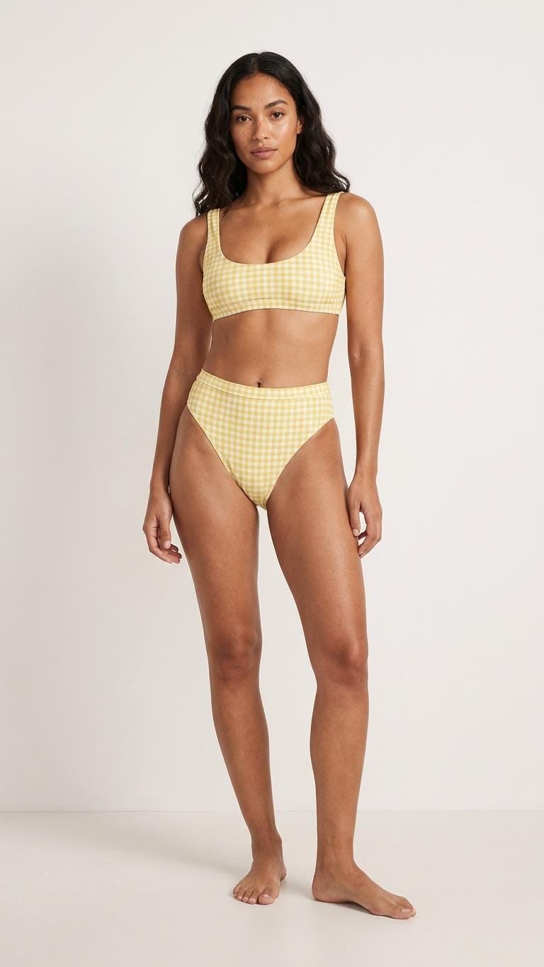 Classic Yellow Gingham Sporty Sexy Bikini – High-Waisted Swimsuit, Scoop-Neck Crop-Top, Flattering High-Leg