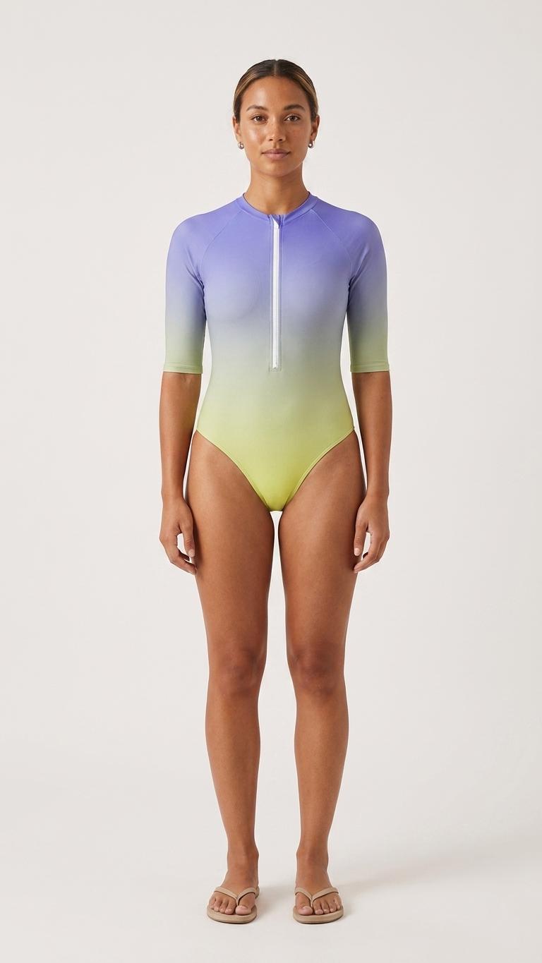 Blue Yellow Gradient Lightweight One-Piece Swimsuit, Zip Front, High Leg, Rash Guard - Unlined