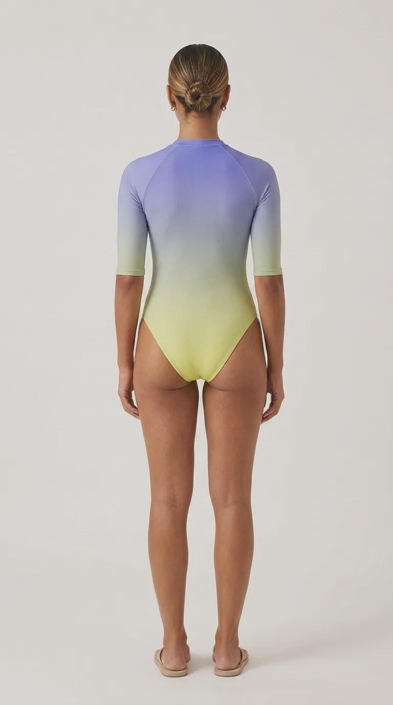 Blue Yellow Gradient Lightweight One-Piece Swimsuit, Zip Front, High Leg, Rash Guard - Unlined