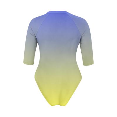 Blue Yellow Gradient Lightweight One-Piece Swimsuit, Zip Front, High Leg, Rash Guard - Unlined