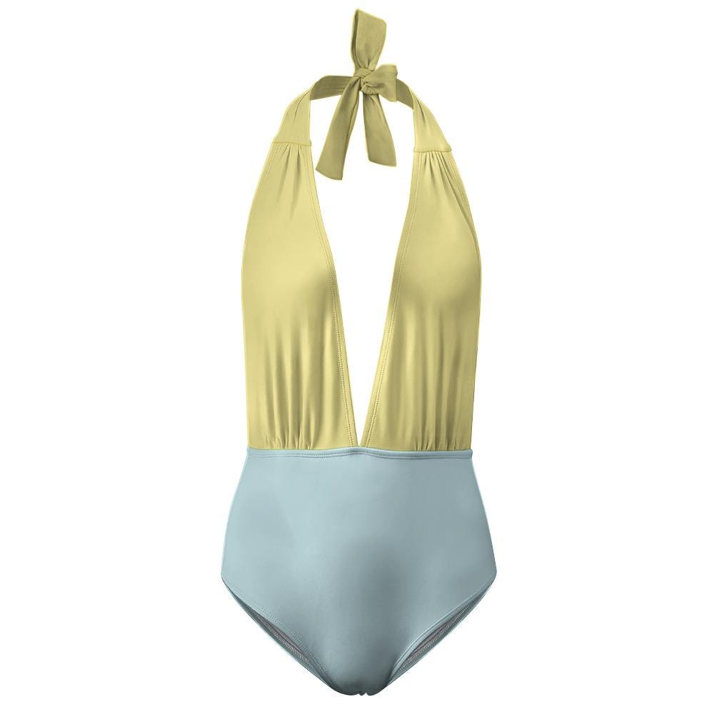 Monroe Deep V Plunge Halter One-Piece Swimsuit - High-Waist Sexy Swimwear - Vanilla & Blue