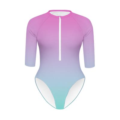 Bubblegum Pop Gradient Lightweight One-Piece Swimsuit, Zip Front, High Leg, Rash Guard - Unlined