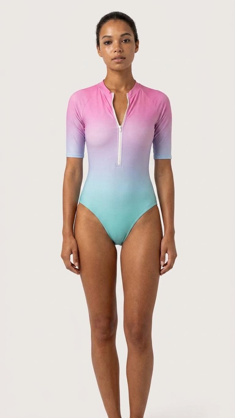 Bubblegum Pop Gradient Lightweight One-Piece Swimsuit, Zip Front, High Leg, Rash Guard - Unlined