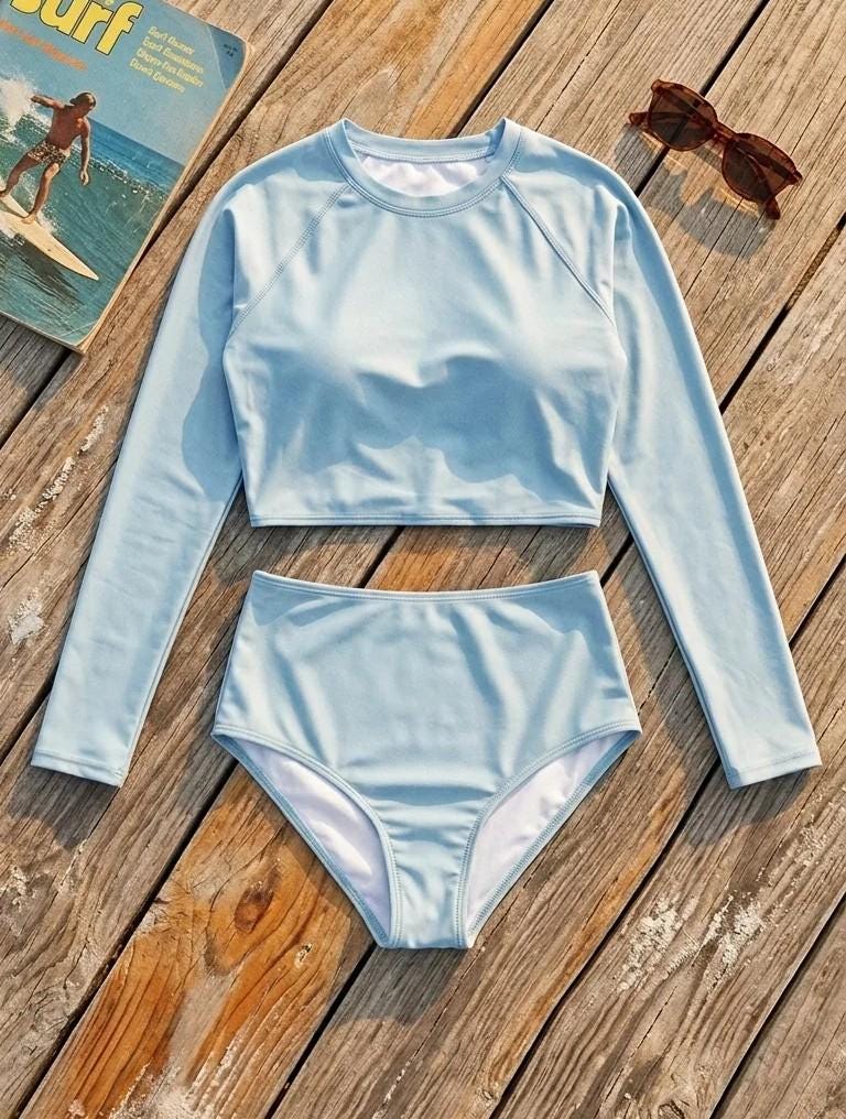 Retro Raglan Crop Top Bikini, High Waist Swimsuit, 70s Style, Powder Blue