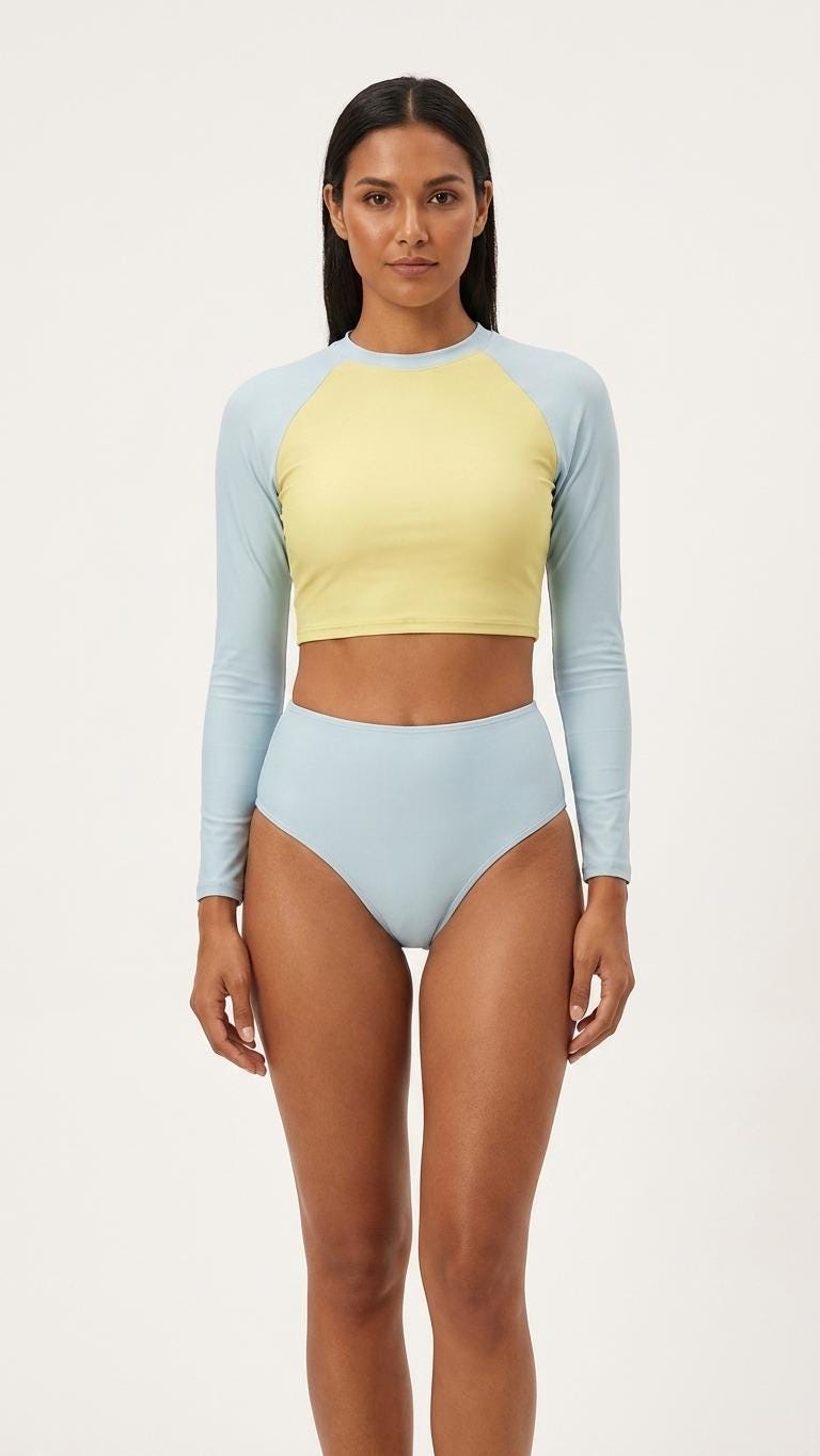 Retro Raglan Crop Top Bikini, High Waist Swimsuit, 70s Style, Vanilla and Blue
