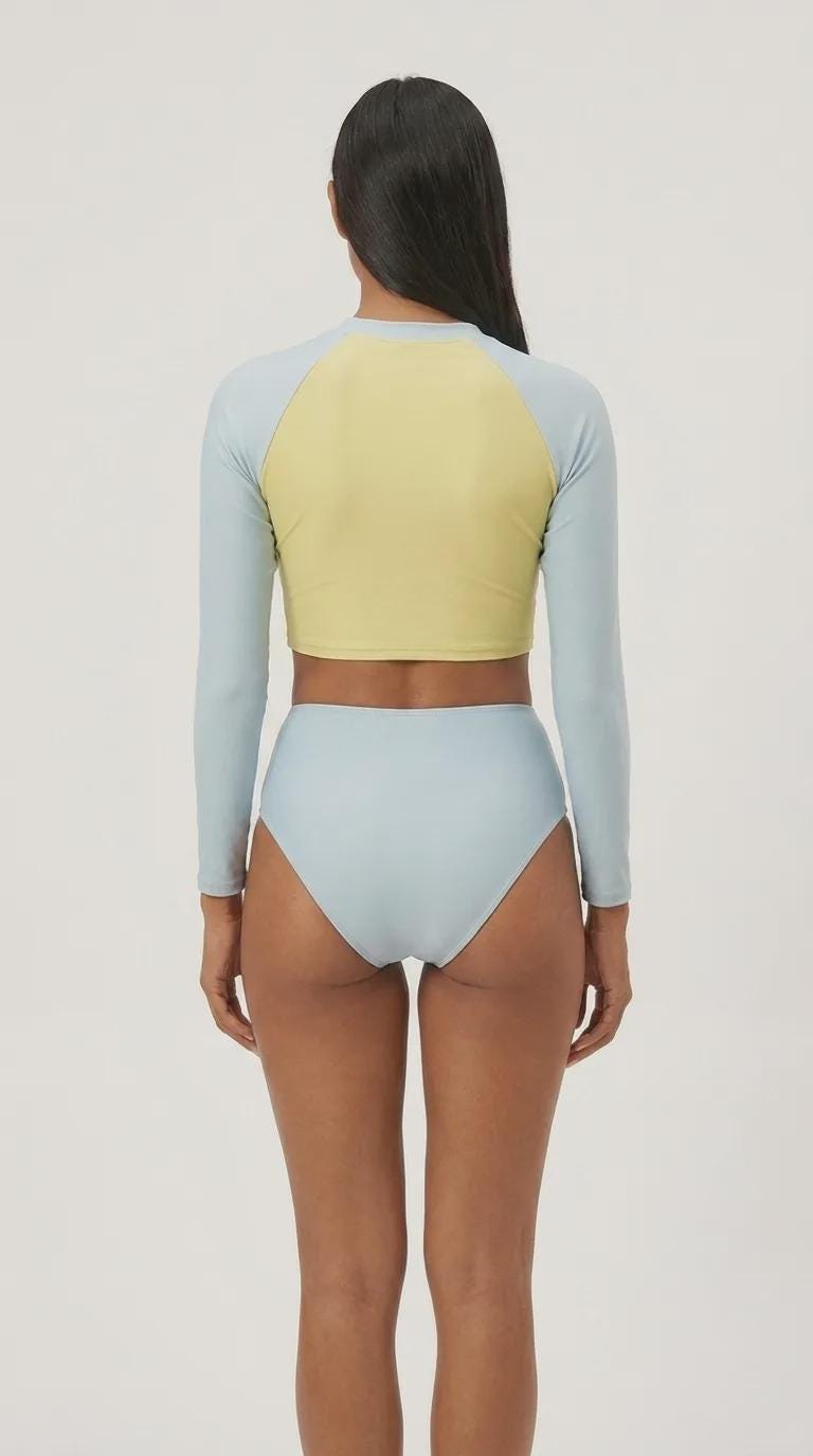 Retro Raglan Crop Top Bikini, High Waist Swimsuit, 70s Style, Vanilla and Blue