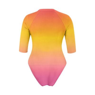 Sunset Gradient Zip Front Rash Guard Swimsuit, High Leg One-Piece