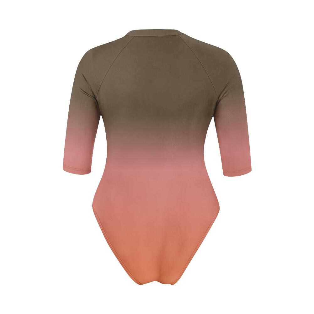 Brown Gradient Lightweight One-Piece Swimsuit, Zip Front, High Leg, Rash Guard - Unlined