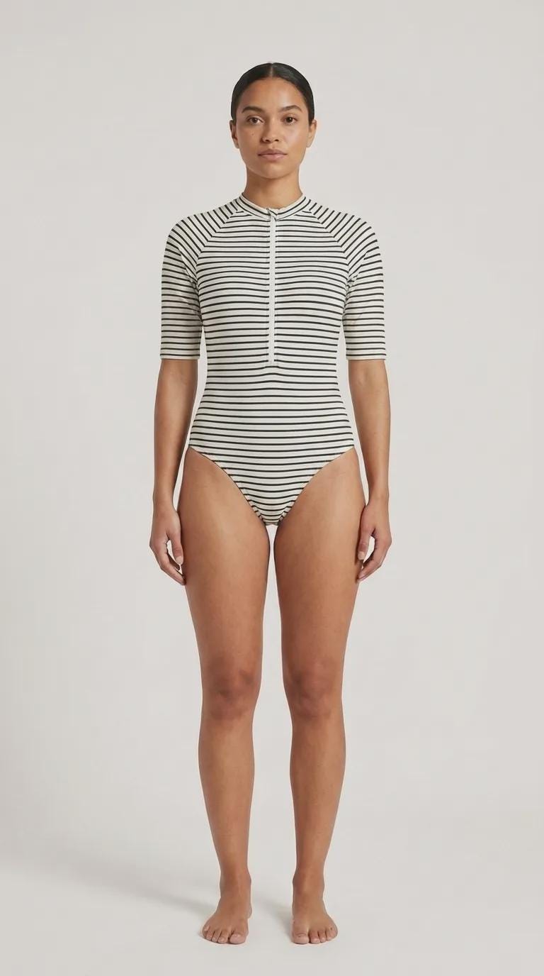 Lightweight Striped Nautical Retro One-Piece Swimsuit, Zip Rash Guard in Black & White- Unlined