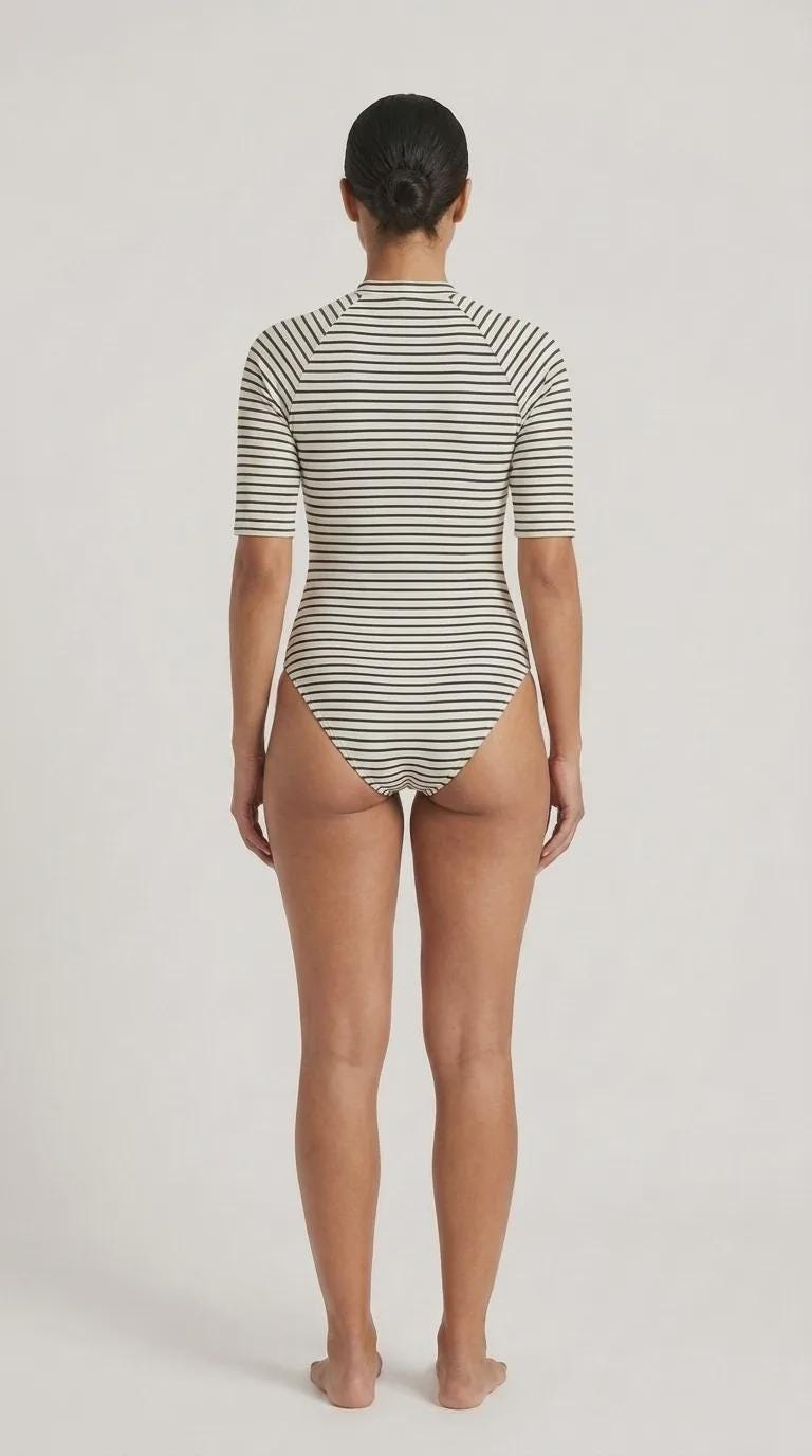 Lightweight Striped Nautical Retro One-Piece Swimsuit, Zip Rash Guard in Black & White- Unlined