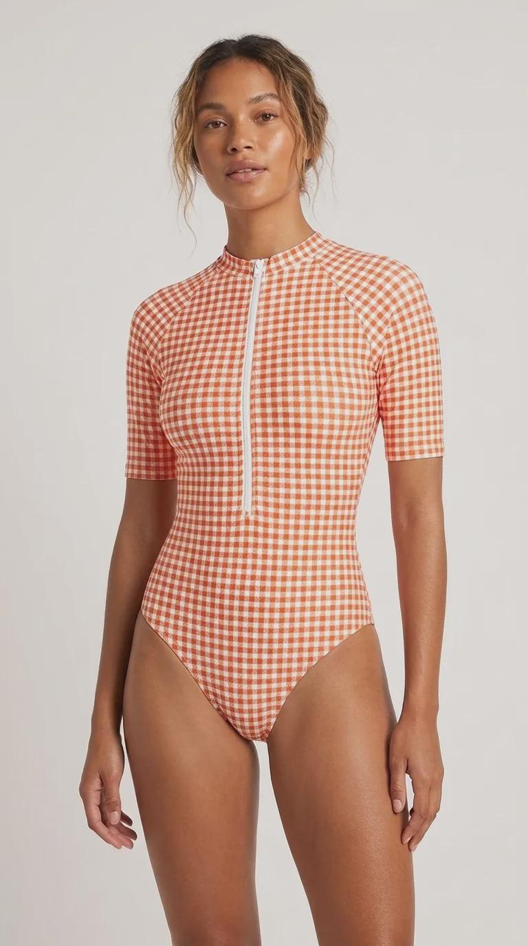 Lightweight Red Gingham Swimsuit, Zip Front, High Leg, Rash Guard- Unlined