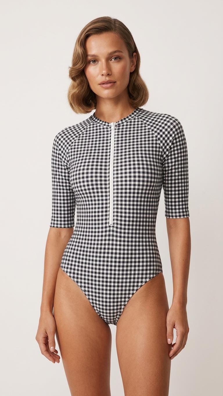 Lightweight Black Gingham Checkered Retro Swimsuit, Front-Zip High-Leg Rash-Guard- Unlined