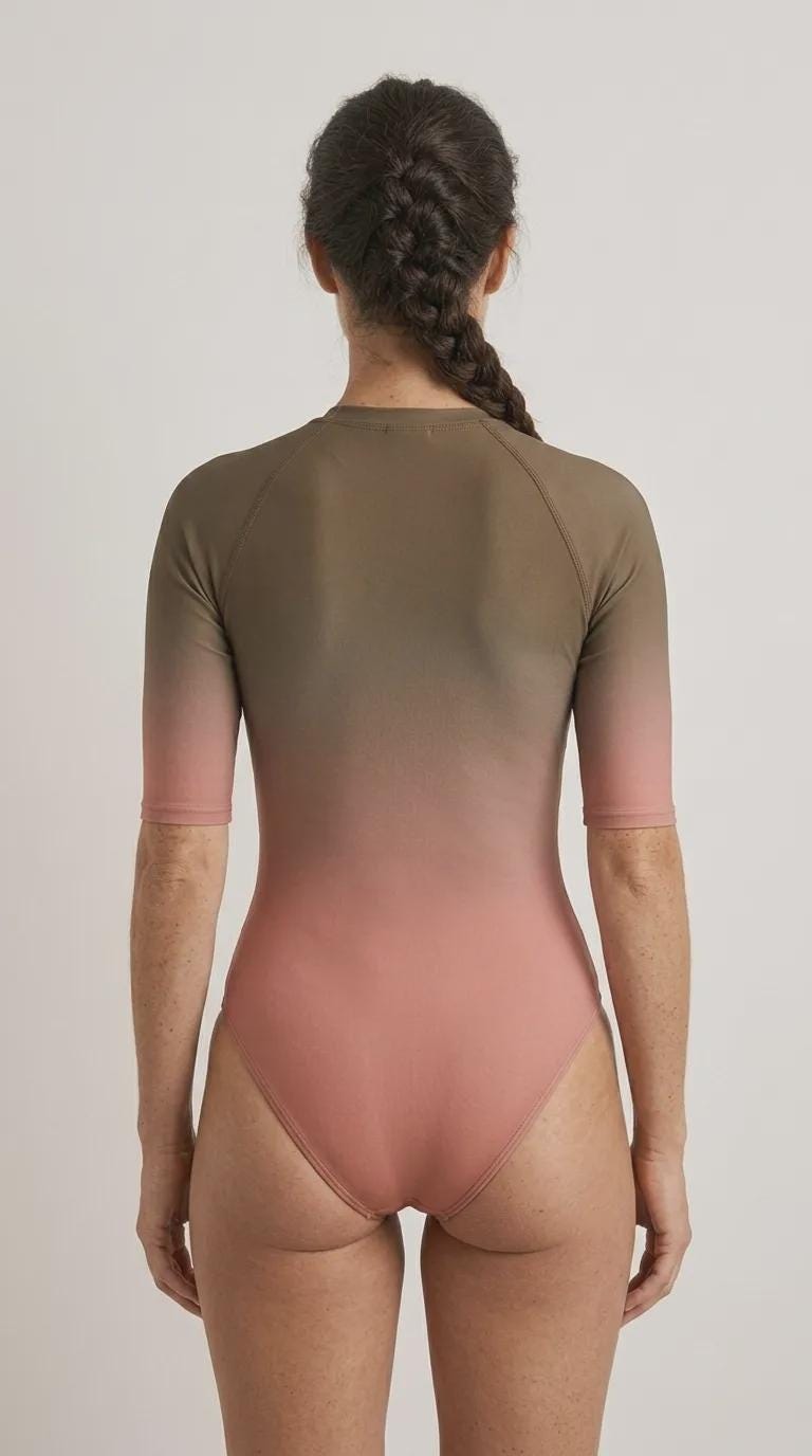 Brown Gradient Lightweight One-Piece Swimsuit, Zip Front, High Leg, Rash Guard - Unlined