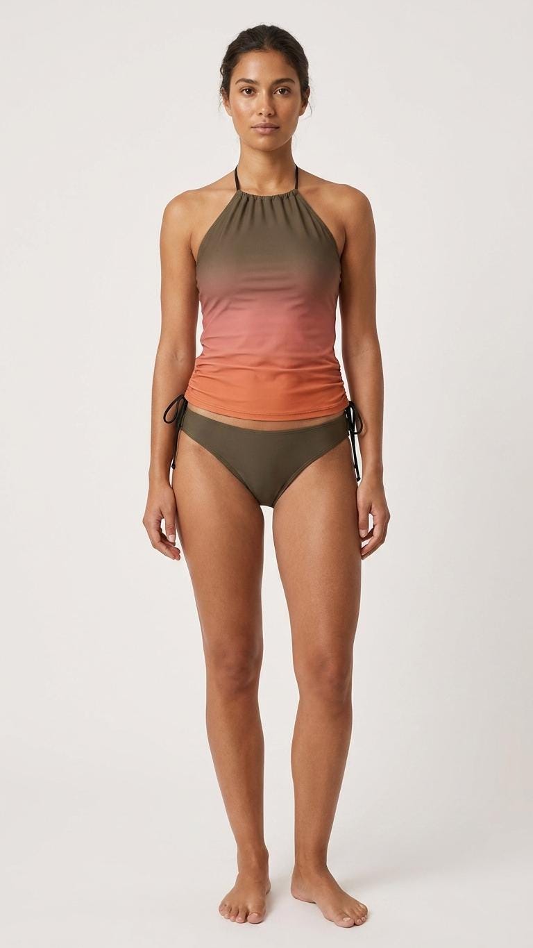 Stylish Halterneck Tankini – Brown Gradient Two-Piece Swimsuit with Side Drawstrings, Flattering & Comfortable