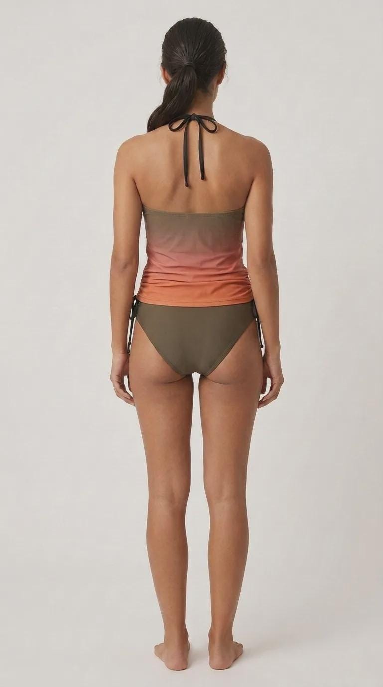 Stylish Halterneck Tankini – Brown Gradient Two-Piece Swimsuit with Side Drawstrings, Flattering & Comfortable