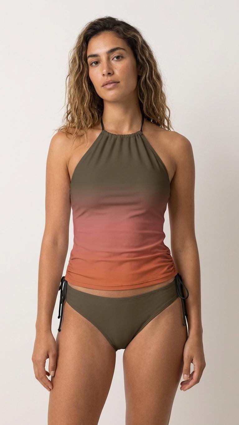 Stylish Halterneck Tankini – Brown Gradient Two-Piece Swimsuit with Side Drawstrings, Flattering & Comfortable